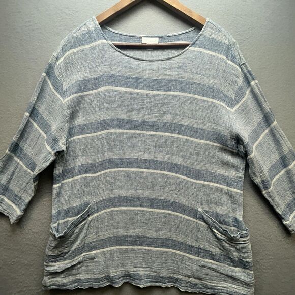 J. Jill Tops - J Jill Pure Top Womens Large Blue Striped Linen Cotton 3/4 Sleeve Pockets